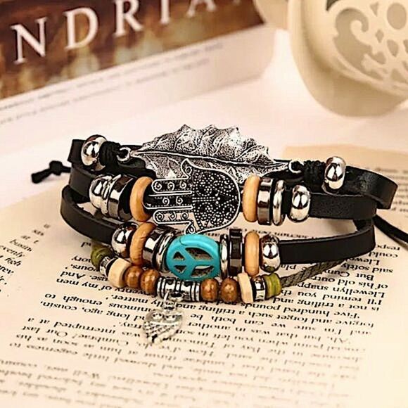 Rustic Festival Statement Bracelet Hand of Fatima, Owl & Leaf Charm Jewelry - Picture 5 of 5